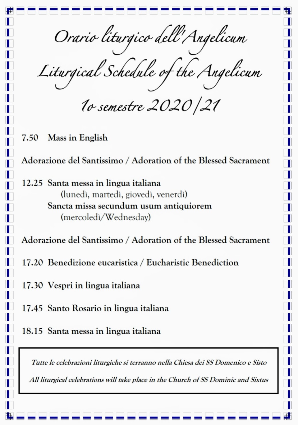 Liturgical Plan for the Fall Semester 2020 Angelicum